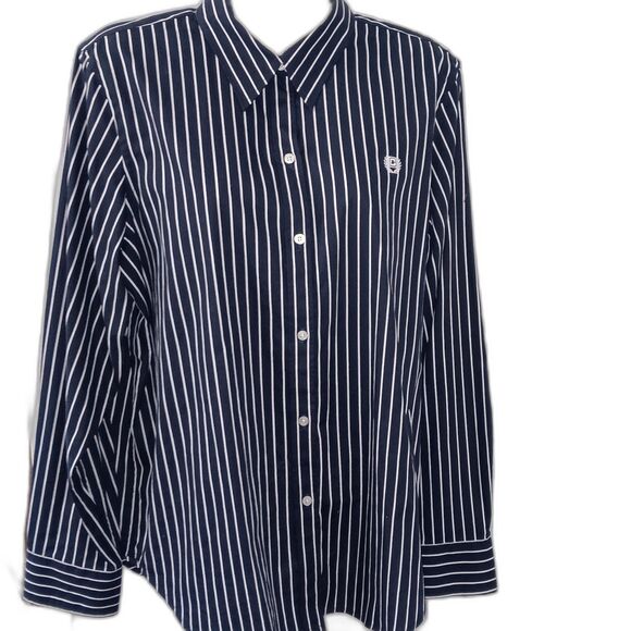 Chaps Women Sz Large Blue Pinstripe Button Down Preppy Workwear Casual Core Top - Picture 1 of 7